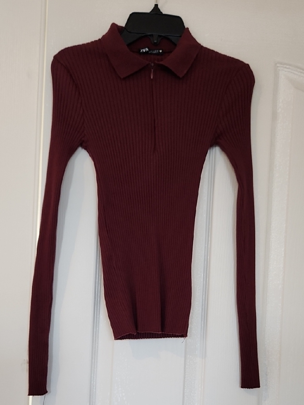 ZARA Maroon Ribbed Long Sleeve Top Size XS/S